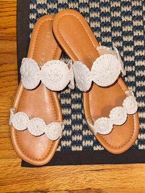 White Leather Medallion Slide Sandals - Women